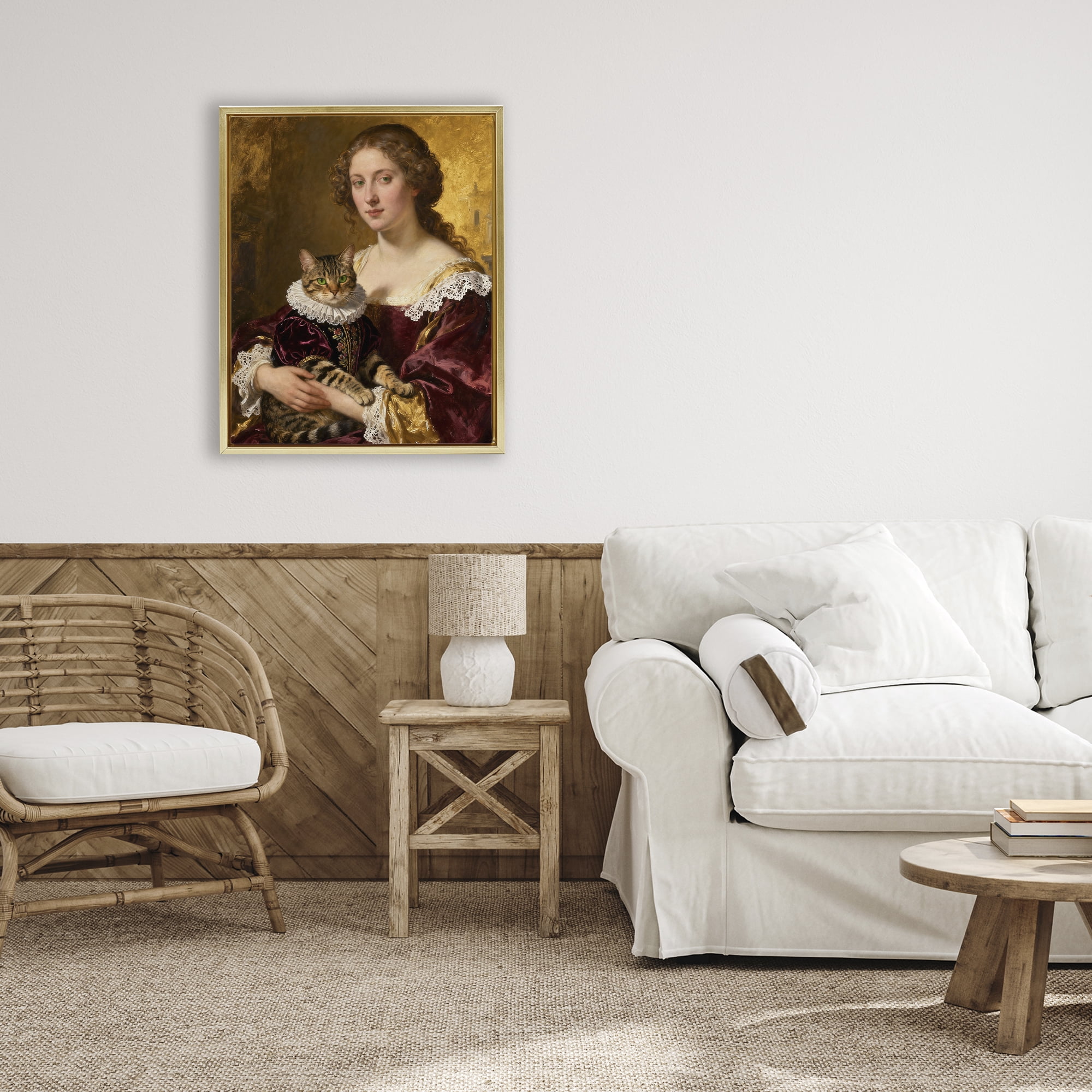 Stupell Industries Renaissance Lady with Regal Cat Gold Framed Floater Canvas Wall Art, design by CAD Designs