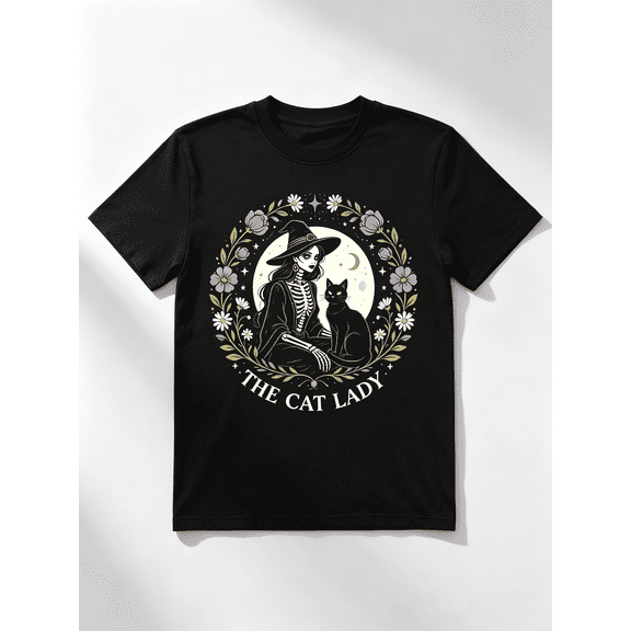 The Cat Lady Skeleton Witch Black Cat Floral Moon Halloween Graphic Women T-Shirt