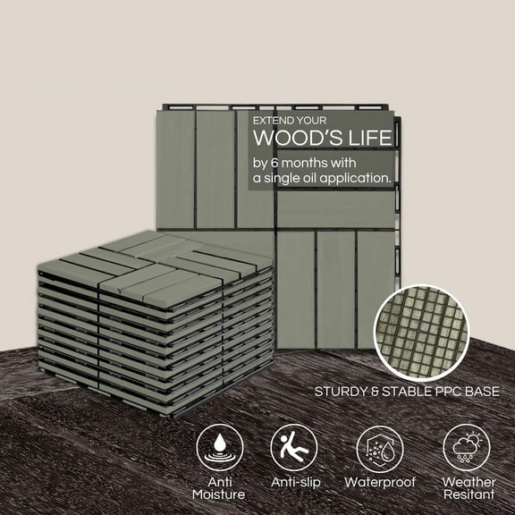 Deck Tiles, Patio Flooring - Outdoor Waterproof Acacia Wood Tiles for All Weather Use - Balcony, Backyard, Indoor & Outdoor (Green Crossed Pattern, 10 Pcs - 10 Square Ft)