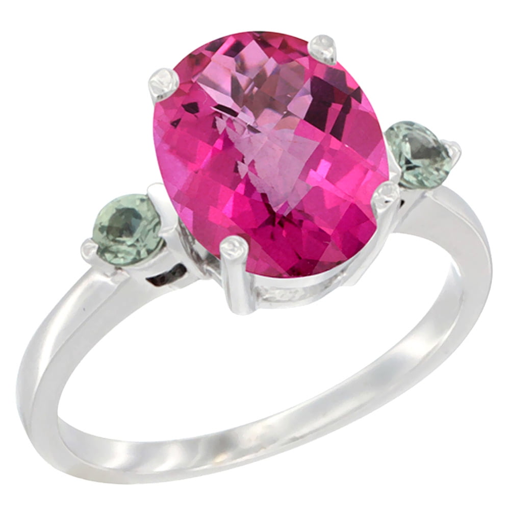 14K White Gold Natural Pink Topaz Ring Oval 10x8mm Green Sapphire Accent, sizes 5 10 by WorldJewels