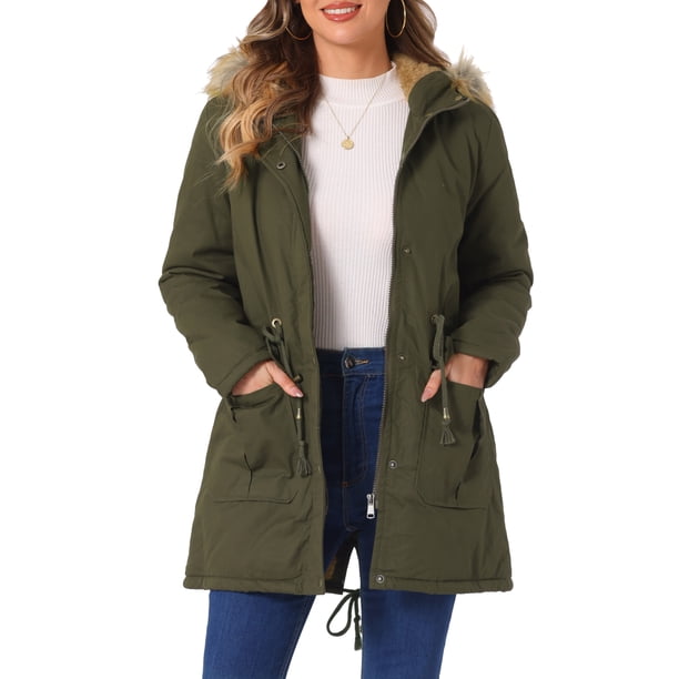 Chaqueta de parka de invierno para mujer Allegra K, abrigo acolchado largo, cálido, a prueba de viento, con capucha de piel sintética, color verde militar
