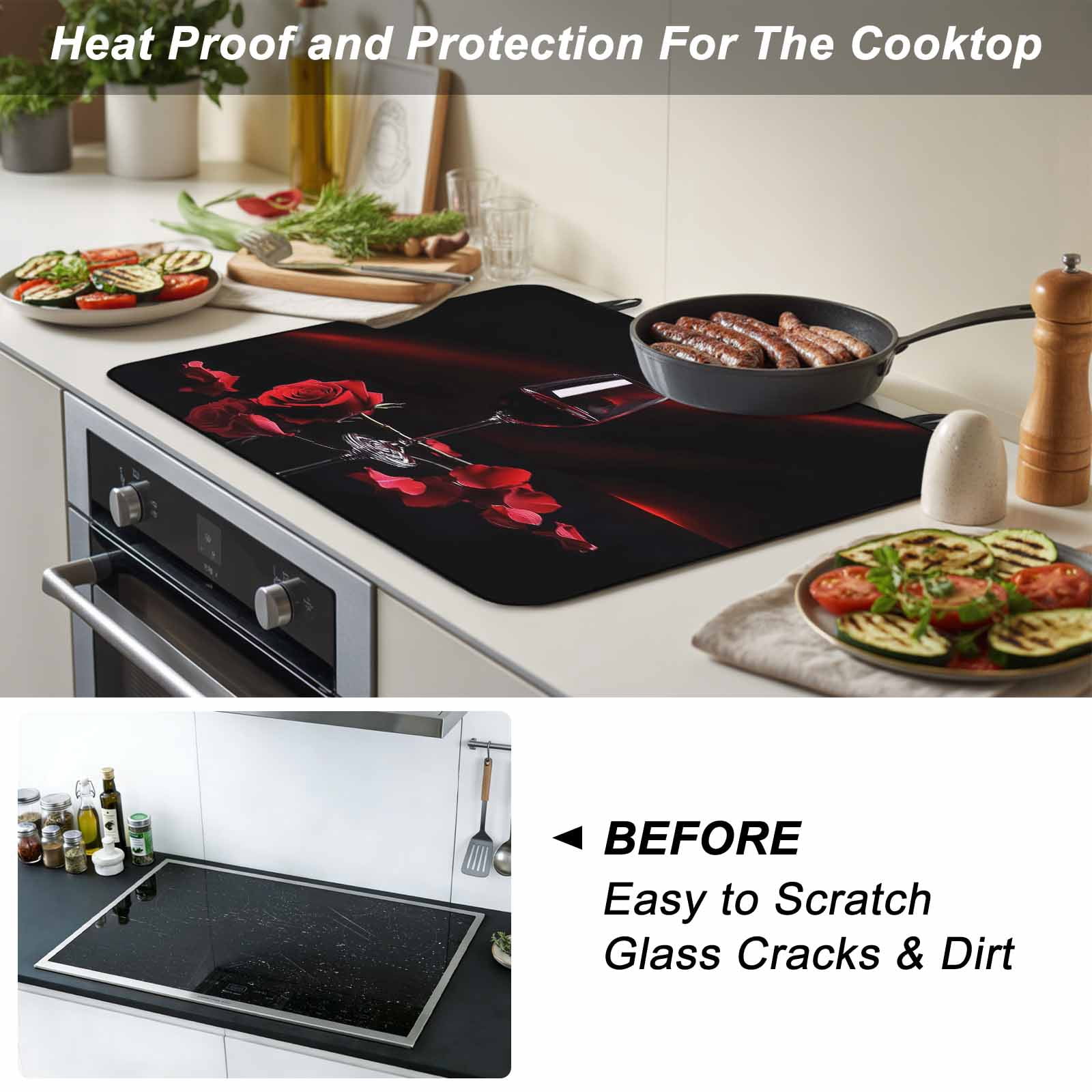 Valentine's Day Stove Top Cover for Electric Stove, Heat-proof & Non Slip Glass Top Stove Cover Protector, Red Roses Floral Romantic Black Spring Kitchen Flat Cooktop Rubber Mat 24x21 Inches