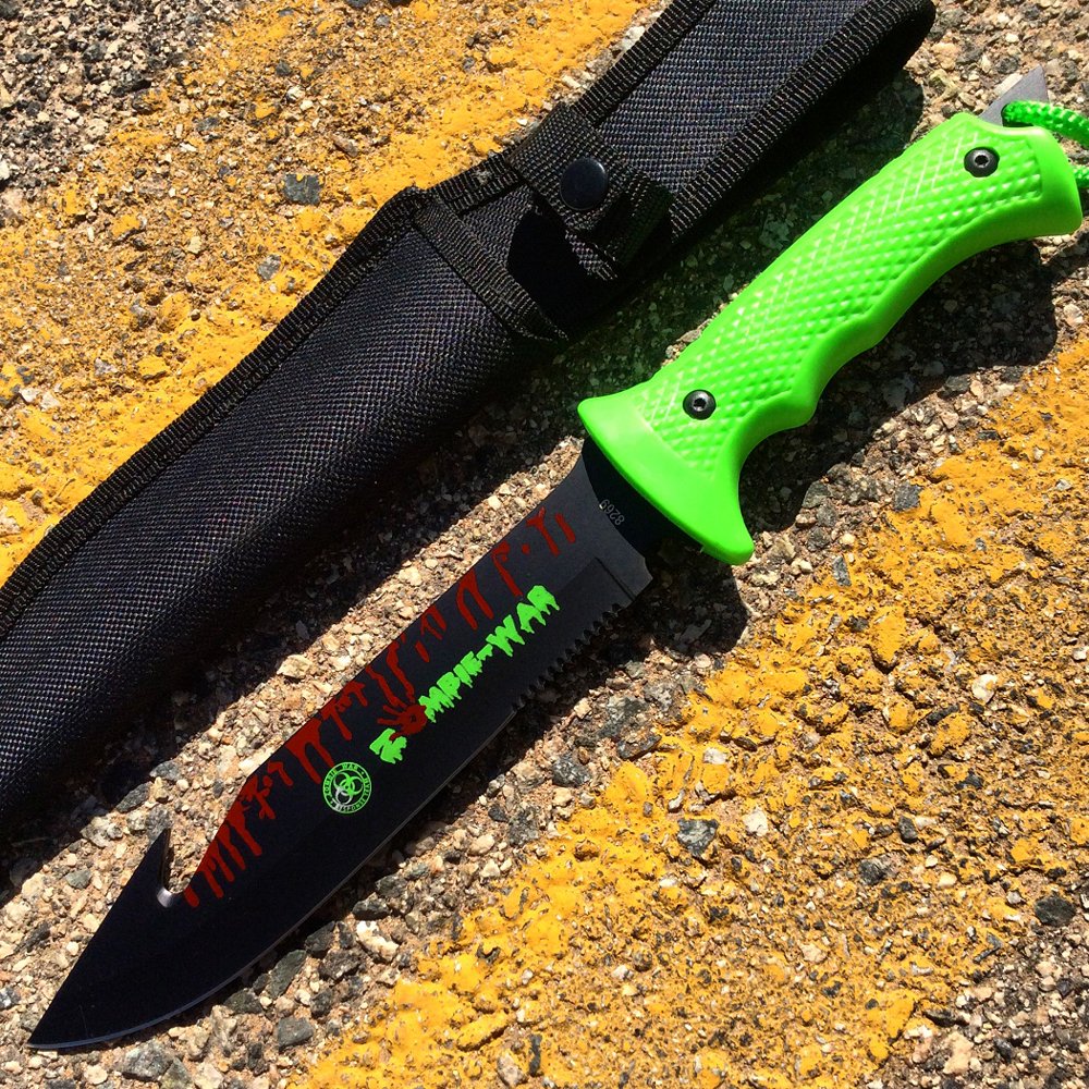13' ZombieWar Stainless Steel Fish Hook Blade Hunting Knife Neon Green