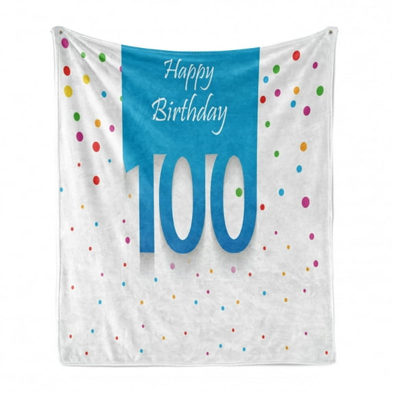 100th Birthday Soft Flannel Fleece Throw Blanket, Party Themed Wish for 100 Years Old Colorful Dots Happiness Image, Cozy Plush for Indoor and Outdoor Use, 60" x 80", Multicolor, by Ambesonne