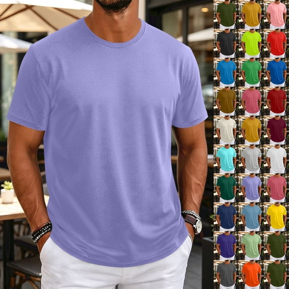 Men's Shirts Short Sleeve Cotton T-Shirt Crew Neck Light Tees Classic Basic Casual Tops Plain Soft Shirt Light Purple L