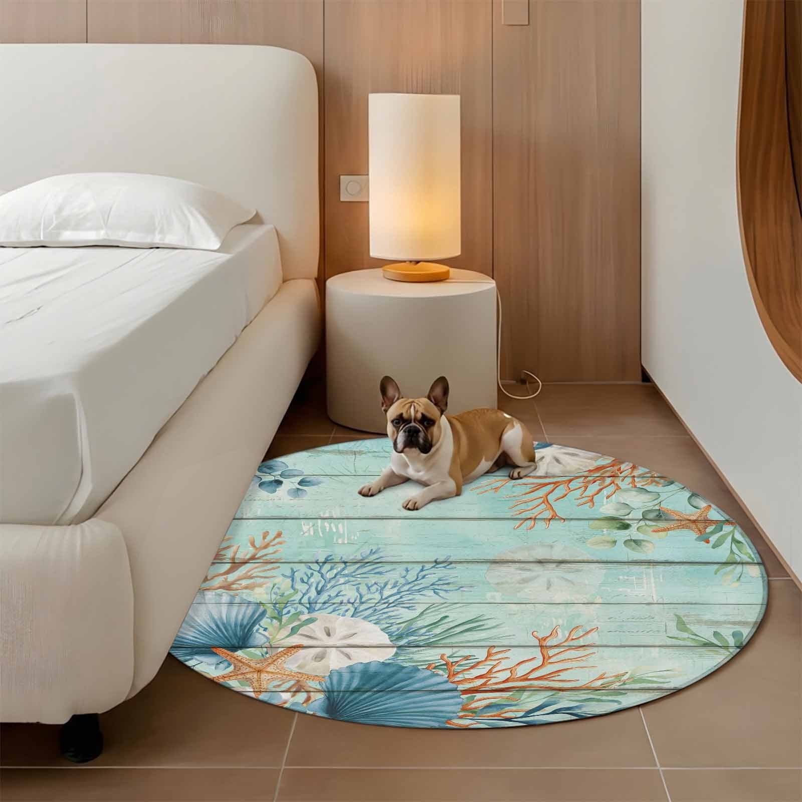 Round Area Rugs Collection 6 Ft, Teal Beach Coastal Non-Slip Residential Carpet, Summer Nautical Coral Shell Botanical Vintage Indoor Crawling Mats Runner Rugs for Living Room/Dining Room/Bedroom