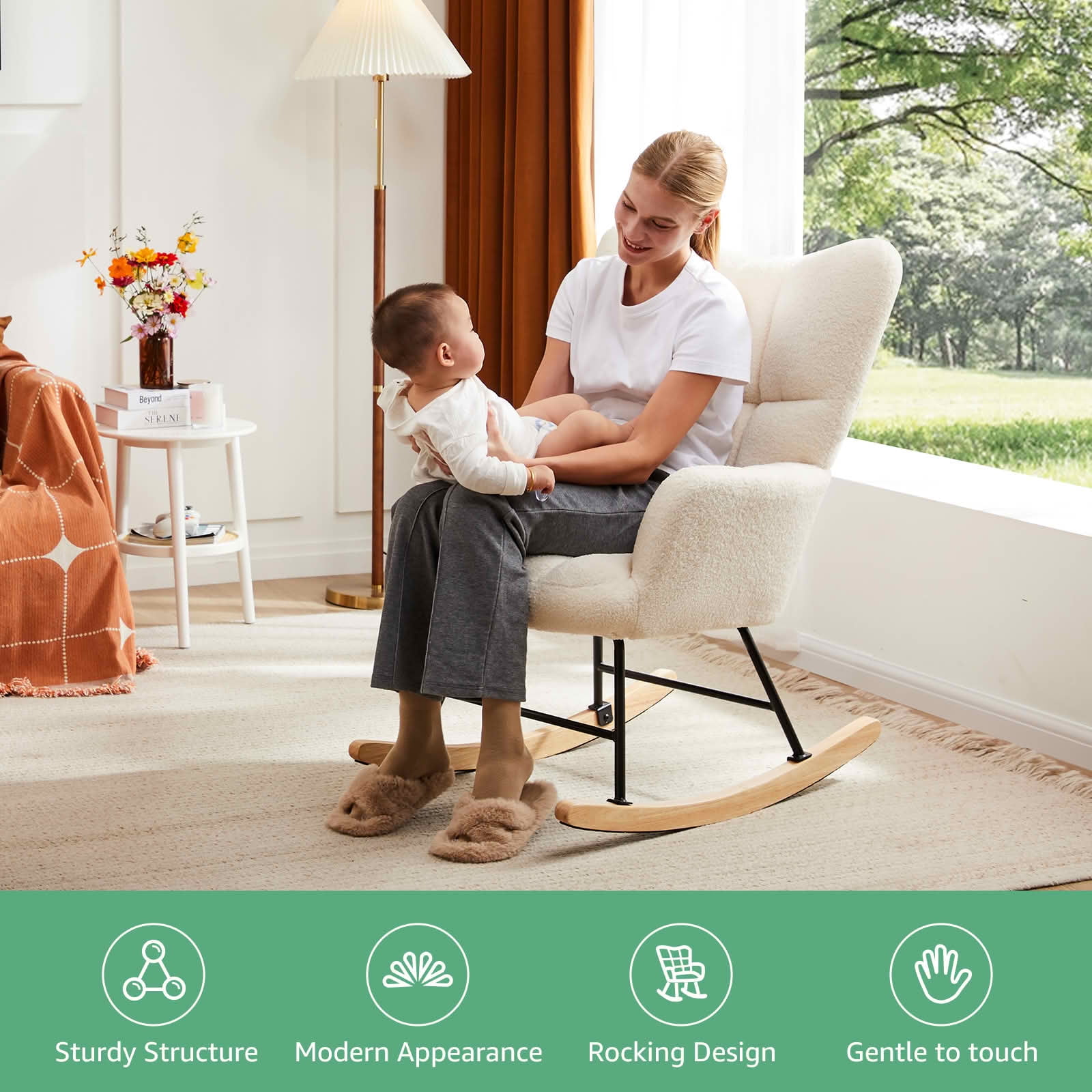MAYEERTY Teddy Upholstered Modern Glider Rocker High Backrest Reading Chair for Nursery Bedroom Living Room