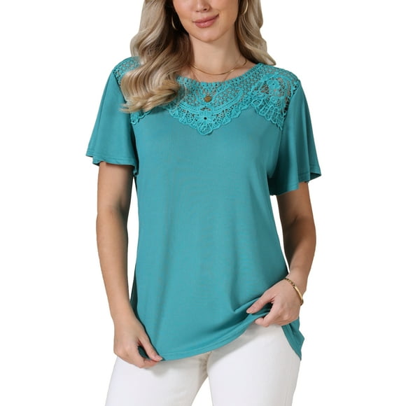 Hauts d'Été pour Femmes 2026 T-Shirts à Manches Courtes Col en V Chic Décontracté Tuniques 2TG Turquoise