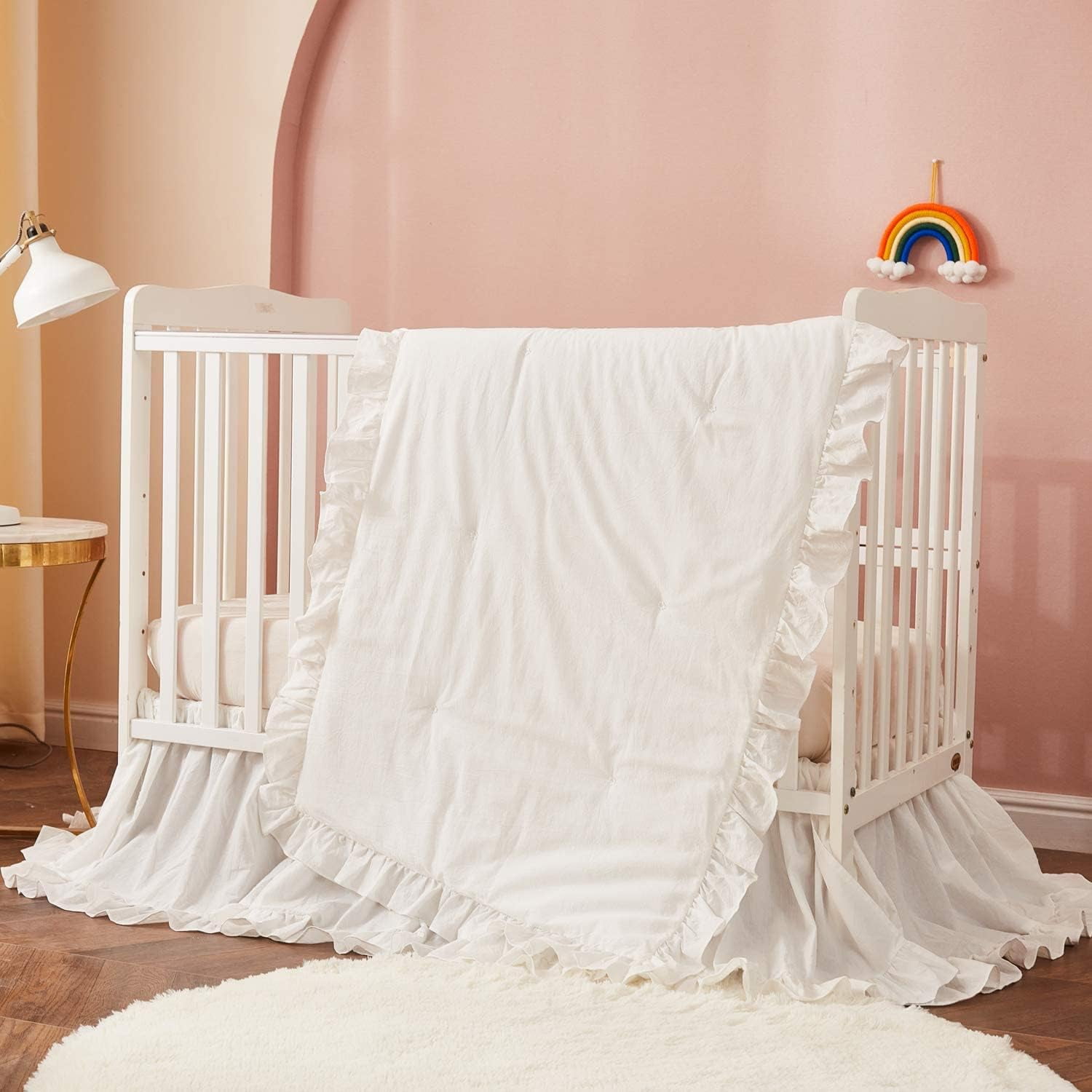 Tealp Farmhouse Crib Bedding Sets for Girls and Boys, 3 Piece Nursery Set White Baby Comforter, Fitted Crib Sheet, Crib Skirt Included