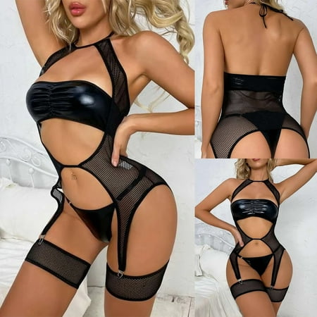 

UoCefik Women Lingerie Set Leather Lingerie for Women Sexy Hollow Out Teddy Bodysuit Black XL