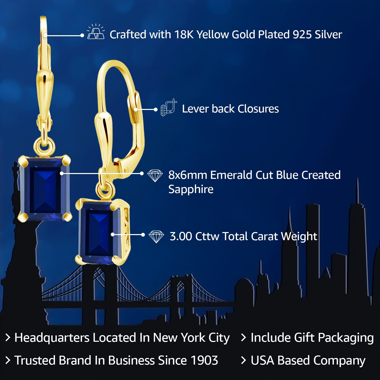 Gem Stone King 18K Yellow Gold Plated Silver Blue Created Sapphire Dangle Earrings for Women (3.00 Cttw, Gemstone September Birthstone, Octagon 8X6MM)