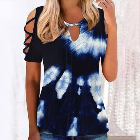 

Women s Short Sleeve Strappy Cold Shoulder Shirt Summer Round Neck T-Shirt Tee Blouse Casual Print Tops for Women