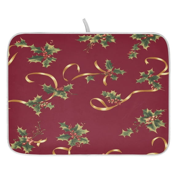 Christmas Holly Dish Drying Mat for Kitchen, Quick Drying Absorbent Soft Durable 16" x 18"