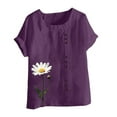 thumbnail image 4 of Blouses for Women Prints Linen Cotton Comfy Short Sleeve Dressy Shirts Round Neck Women's Tops Summer Floral Print Casual Tshirts Tunic, 4 of 4