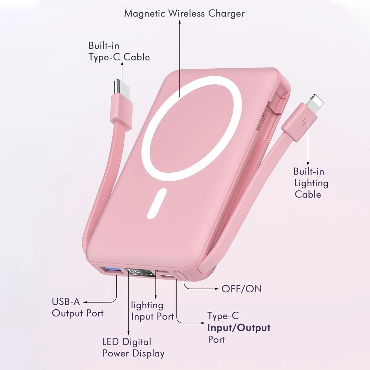 Podoru Wireless Portable Charger, 10000mAh Magnetic Power Bank Built-in USB C Lighting Cables 22.5W PD Fast Charging LED Display Battery Pack for for iPhone 16/15/14/13/12 - Pink