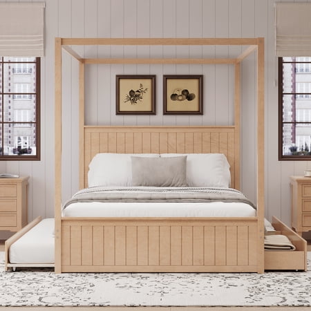 Harper & Bright Designs Solid Wood Queen Canopy Bed Frame with Trundle and and Three Storage Drawers, Queen Size 4-Poster Bed with Headboard and Slat Support for Bedroom, Natural
