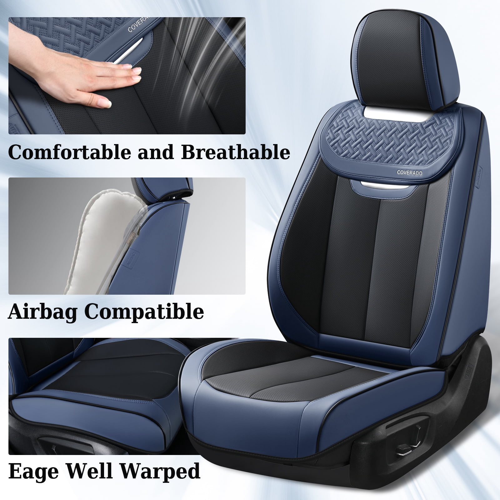 Coverado Front Car Seat Covers, Luxury Leather Car Seat Protectors, Automotive Interior Cushions Universal Fit Most Cars, Black&Blue