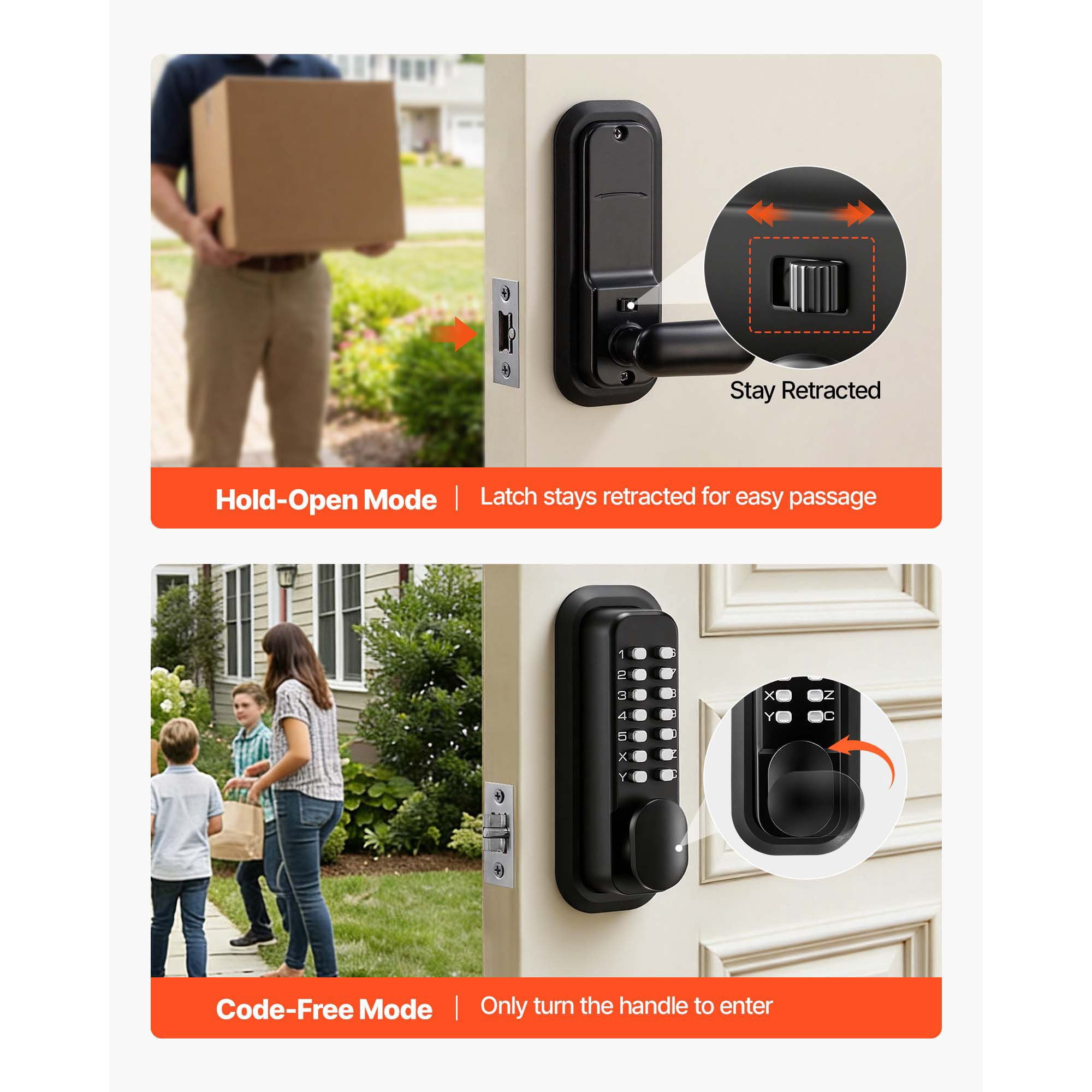 Mechanical Keyless Door Lock Gen2 Single-Sided 4-7 Digit Code No Batteries 1.4-2.5 Inch Door Thickness for Front Gate Garden Garage