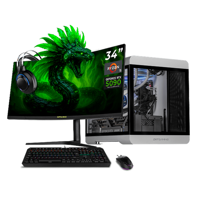PC Gamer Completa con IA DXT GAMING NVIDIA GeForce RTX 5090 AMD Ryzen 9 9950X 64GB DDR5 SSD 2TB Monitor 34 180Hz Sistema Liquido WIFI BT Silver gaming 4K, streaming y edición profesional