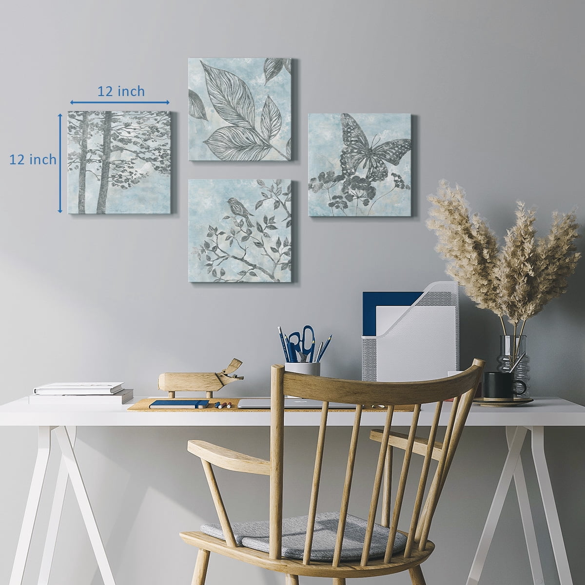 Wexford Home Blue Watercolor Natural Life Wall Art, 16 x 16 inches Set of 4 Blue bird Butterfly Forest Pictures Prints Wall Décor for Living Room Bedroom Bathroom