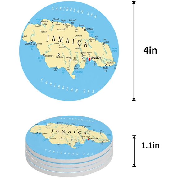 FMSHPON JAMAICA Map Set of 6 Round Coaster for Drinks, Absorbent Ceramic Stone Coasters Cup Mat with Cork Base for Home Kitchen Room Coffee Table Bar Decor