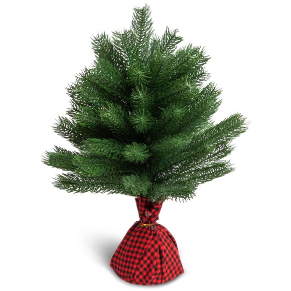 Okuna Outpost Mini Christmas Tree with Red Plaid Wrap (17 Inches)