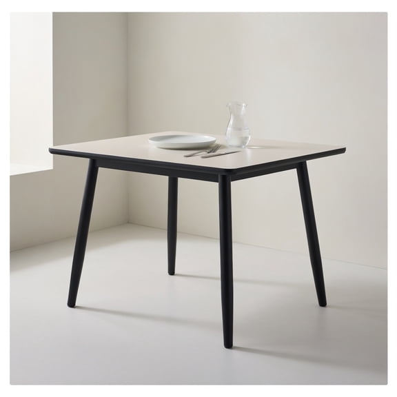 Hommoo Modern Minimalist Rectangular Dining Table for 4-6 People, Tempered Glass & MDF Imitation Marble Top, Black Tapered Metal Legs, White & Black