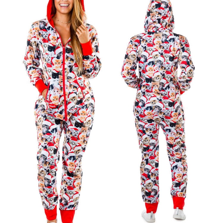 haxmnou women long sleeve hooded christmas printed pyjamas nightwear jumpsuit sleepwear red s