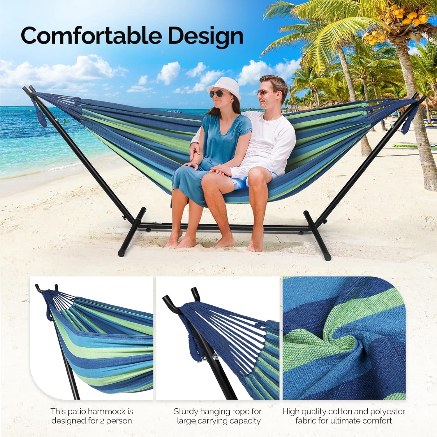 ONCLOUD Heavy Duty 550 LBS Double Hammock with Stand Included with Portable Carrying Bag, Upgraded 2 Person Hammock with Frame for Outdoors & Indoors, Series TDCTZ2 - Blue Green Stripe