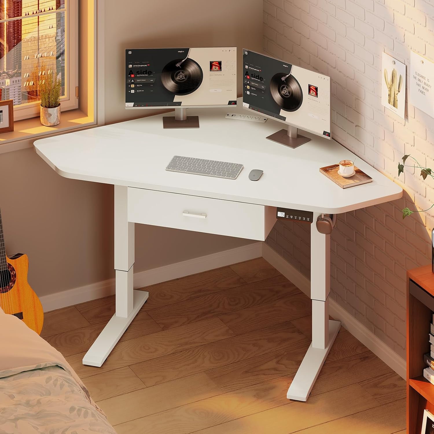 Standing Corner Desk with Drawer, Small Stand Up Desk with Power Outlets, Triangle Computer Desk for Home Office, Gaming Desk, Writing Desk, White