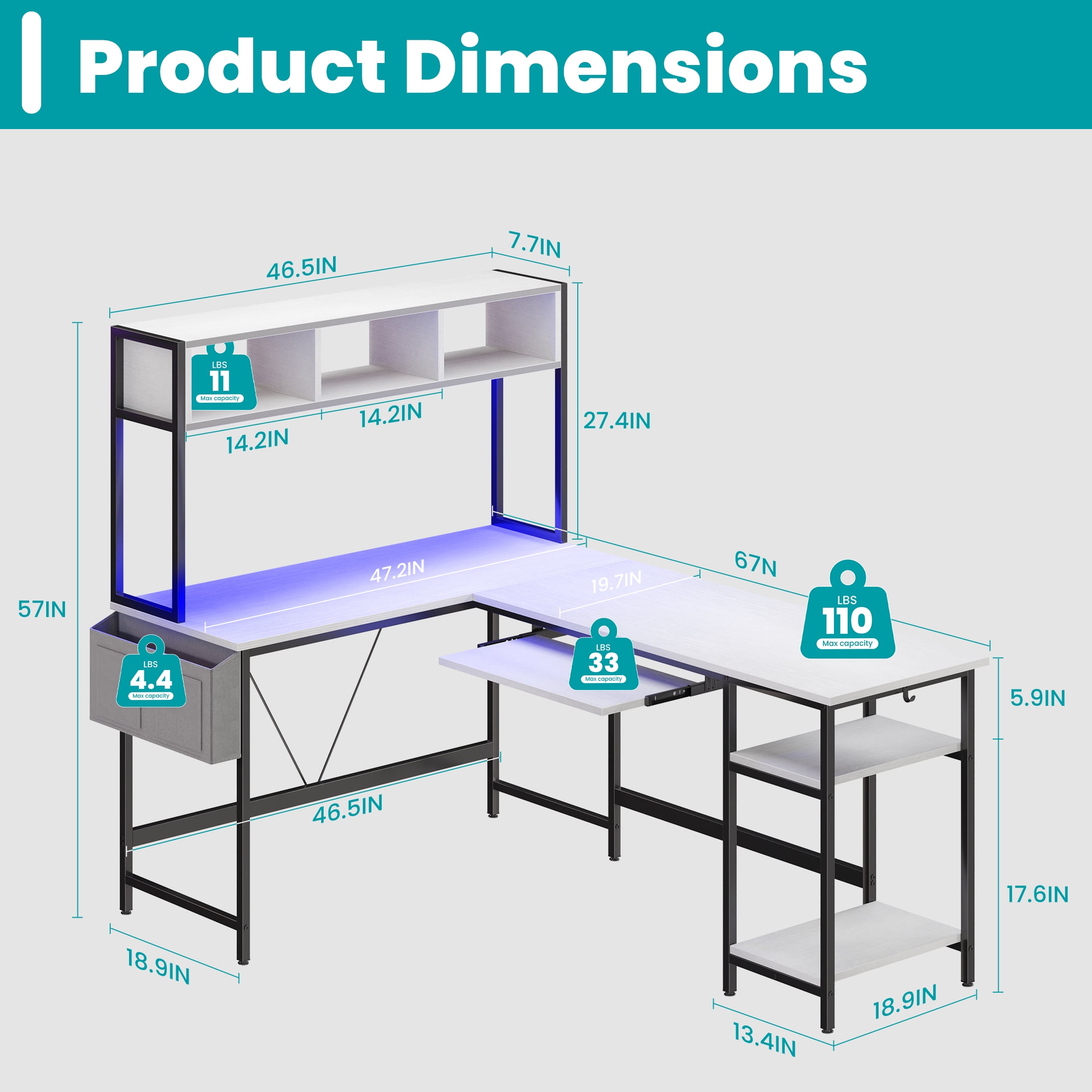 EDX 67'' L Shaped Computer Desk with LED Light, Shelf & Storage Bag & Keyboard Tray Corner Desk, White
