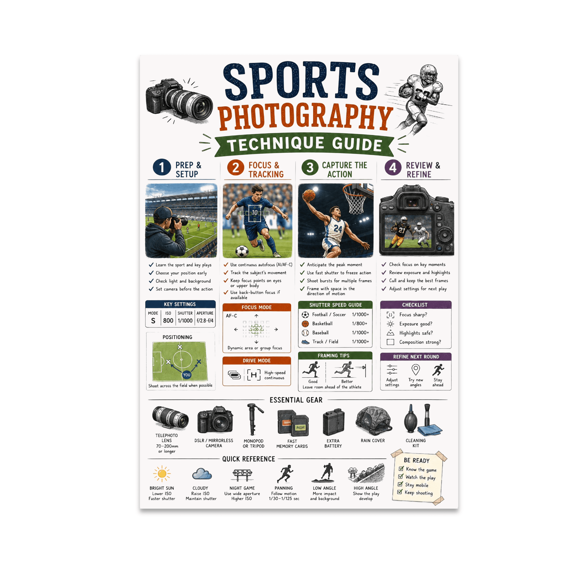 Sports Photography Technique Guide Poster, Sports Photography Enthusiasts, Classrooms, and Studios, 13x19 Glossy Paper