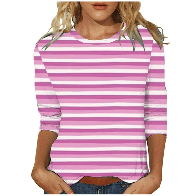 cfhntfmh Hauts à Manches 3/4 pour Femmes Col Rond Tuniques Décontractées T-Shirts Rayés Élégants Blouses d'Été Automne