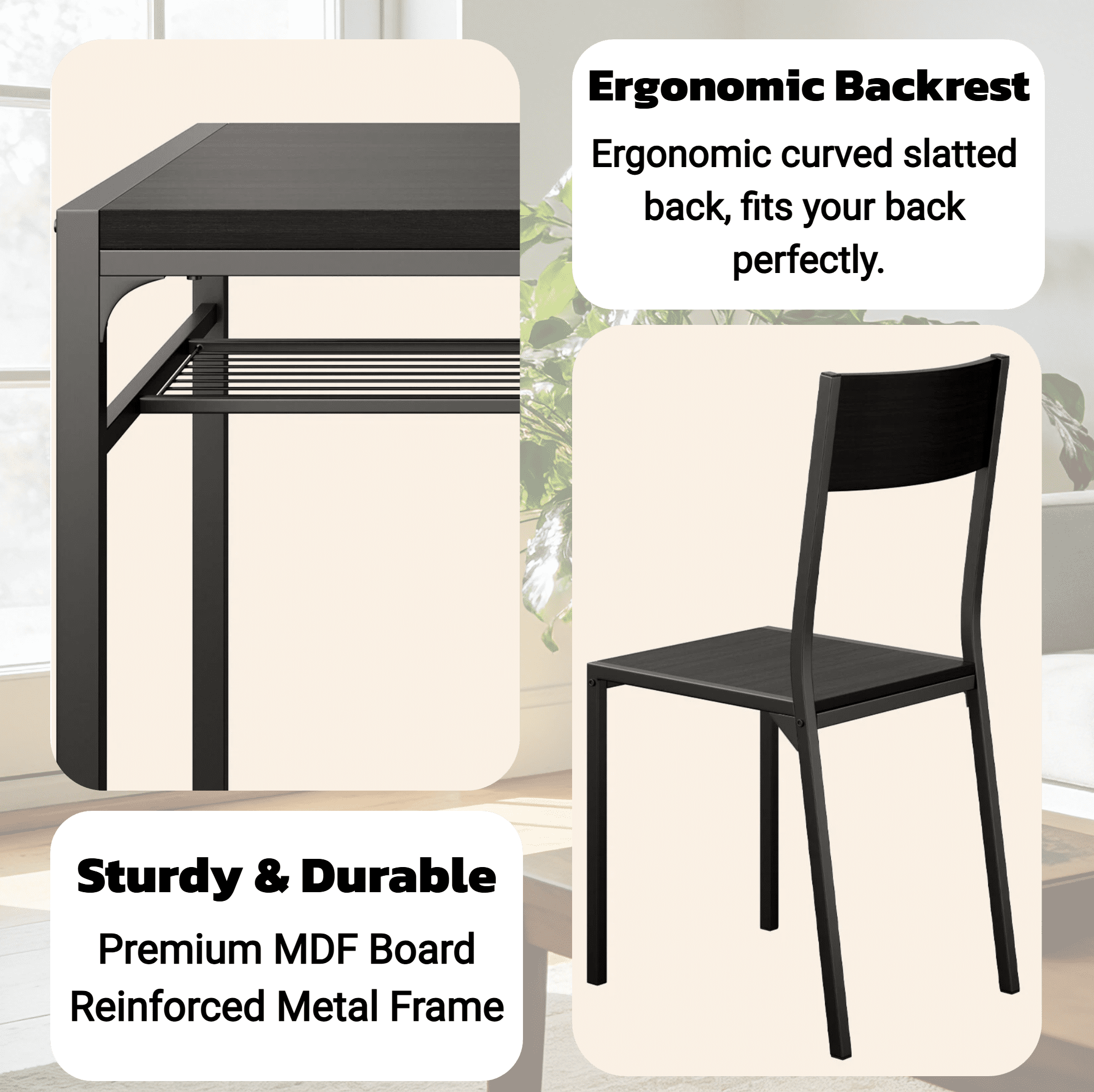 3 Piece Dining Table Set for 2, Lofka Kitchen Table with Chairs & Storage Shelf, Black MDF Dining Set for Small Space, Apartment, Breakfast Nook