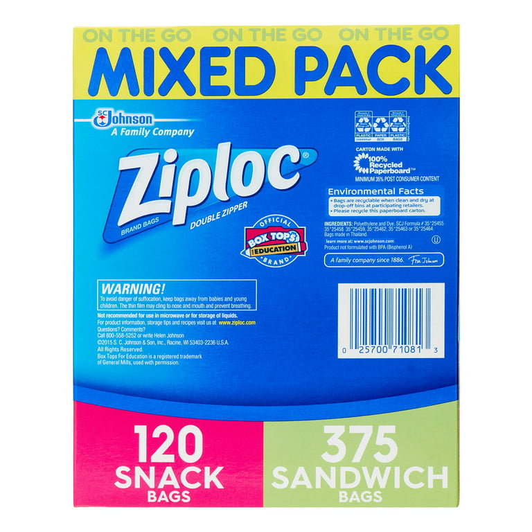 Ziploc Variety Pack, 120 Snack Bags & 375 Sandwich Bags, 495 Ct 