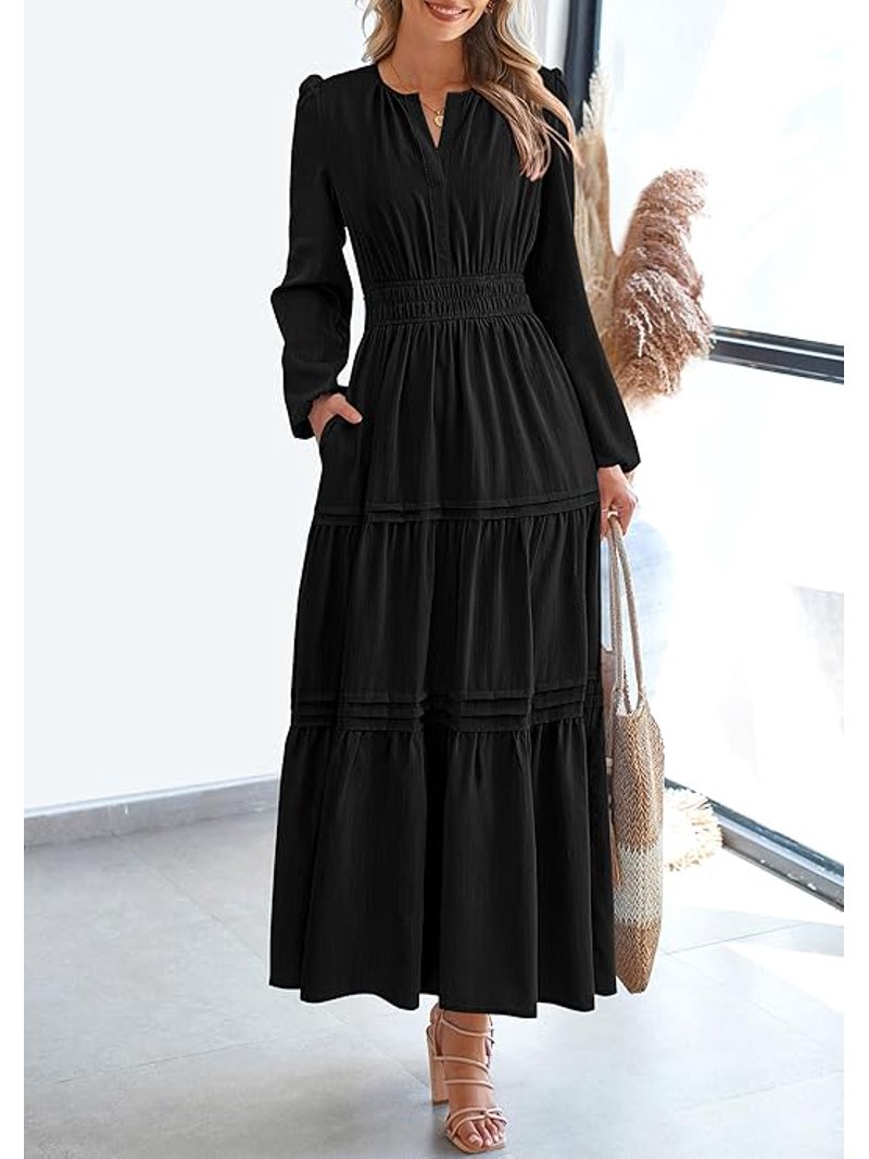 PRETTYGARDEN Women's Elegant Maxi Dresses Long Sleeve V Neck Flowy Pockets  Casual Modest Dress Fall Fashion Clothes - Walmart.com