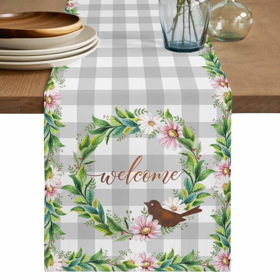 Spring Botanical Table Runner 72 Inches, Garden Birds Floral Leaves Gray Plaid Bed Runner Dresser Scarves Tabletop for Indoor Outdoor Parties/Ceremony/Banquet, 16" x 72"
