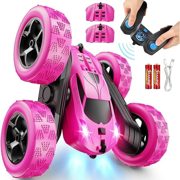QUNREDA Remote Control Car for Kids 4WD Double Sided 360° Stunt Car Headlights All Terrain Tires Modular Batteries Gift 6-12 Year Olds Birthday RC Cars Girls Toys Rose