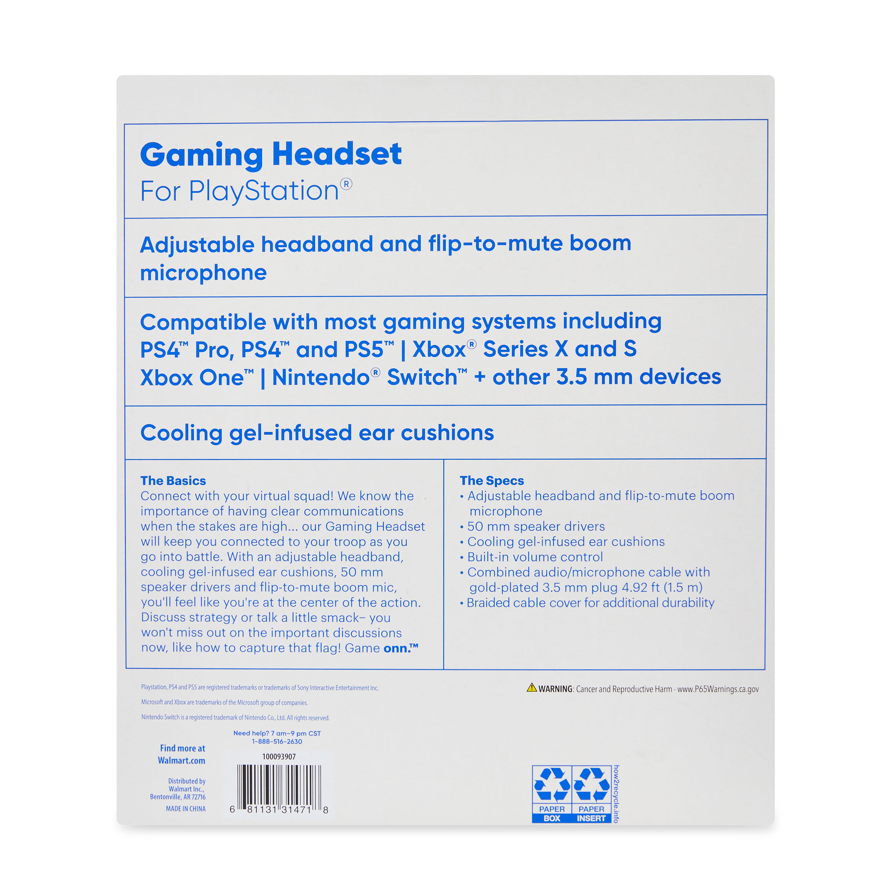 onn Wired Gaming Headset for PlayStation, Black & Blue photo 7