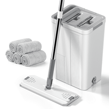 Mop and Bucket with Wringer Set, Hands Free Flat Floor Mop and Bucket Set, with 5 Washable Microfiber Pads, Wet and Dry Use, Home Floor Cleaning System