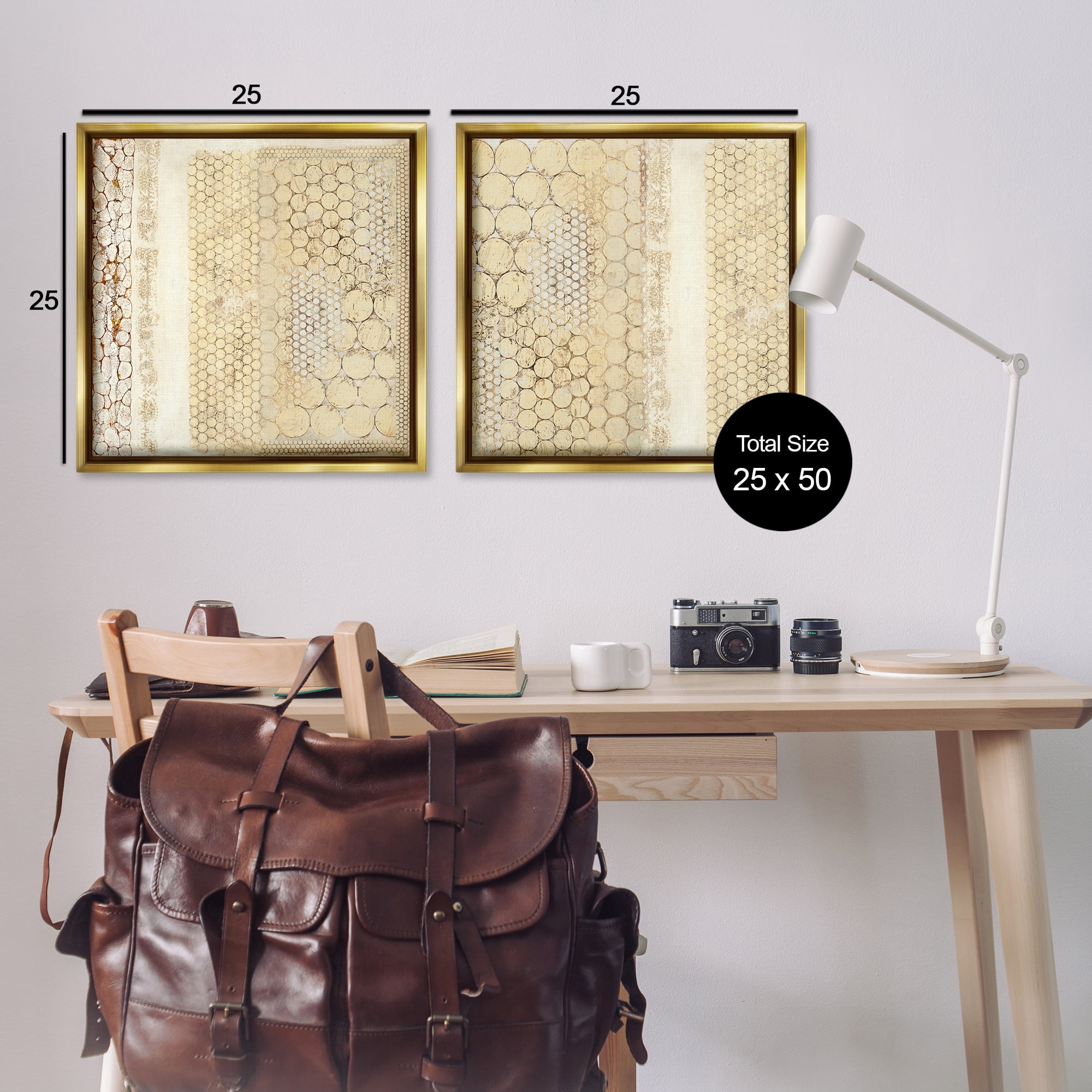 Stupell Industries Distressed Pale Yellow Circles Abstract Painting Gold Floater Framed Canvas Art Print Wall Art, 25 x 25, Set of 2