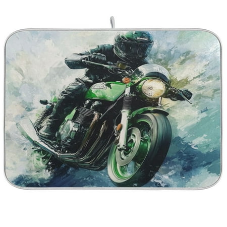 

Kitchen Drying Mat 16x18In Drying Dish Mat Dish Drying Mats Kitchen Countertop Multi-Function Drain Drying Mat Kitchen Table Cool Green Motorcycle Pattern