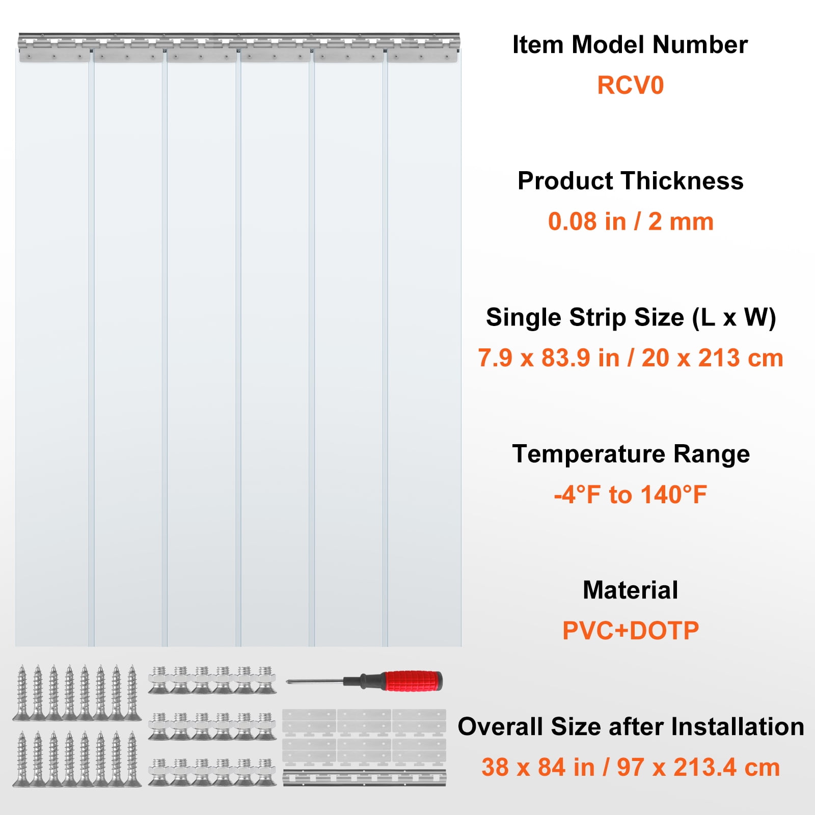 VEVOR Strip Curtain, 84" Height x 38" Width, 0.08" Thickness, 6PCS Clear PVC Strip Door Curtain, Freezer Curtain, Plastic Door Strips for Walk in Freezers, Coolers & Warehouse Doors, with 50% Overlap