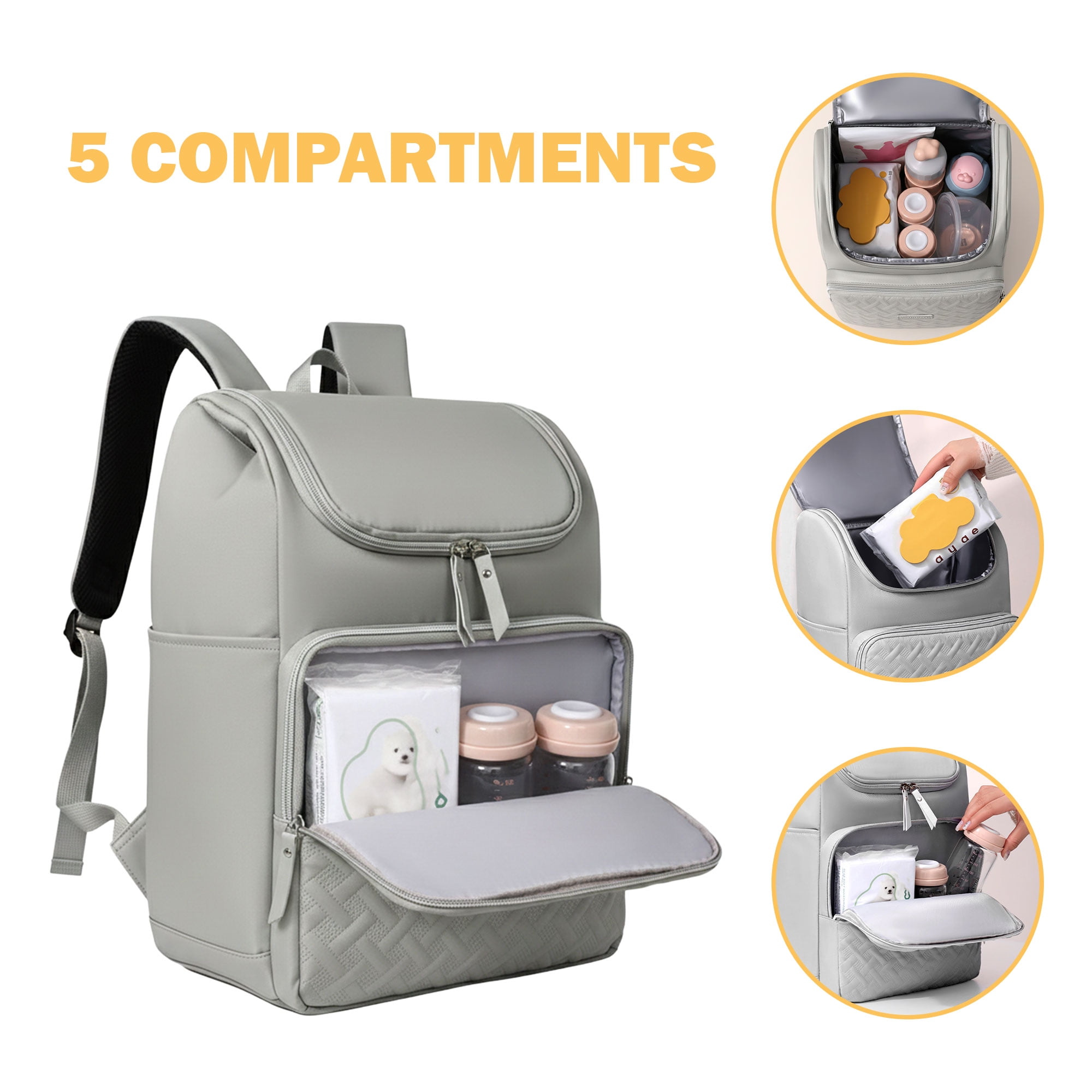 DEFAHN Diaper Backpack, 2 Thermal Pockets + Side Holders, 20L Simple Open Design,0.9lb Baby Bag for Travel & Daily Use（Gray)