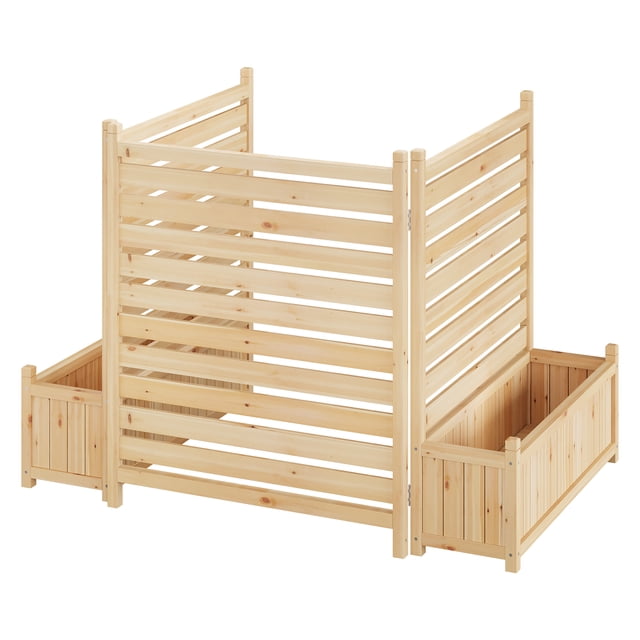 Weather-Resistant Freestanding Wooden Privacy Fence Planter Box - 2-Panel Outdoor Screen for AC Unit, Trash Can, Pool Equipment - Decorative Garden Solution - Includes Two Flower Pots and One Mesh