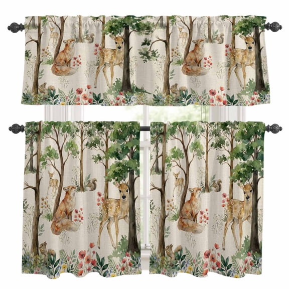 Spring Forest Animals Kitchen Curtains Sets for Windows 36 Inch Length, Floral Botanical Trees Linen Rod Pocket Window Treatments Tier Curtains and Valances Set for Bedroom/Bathroom