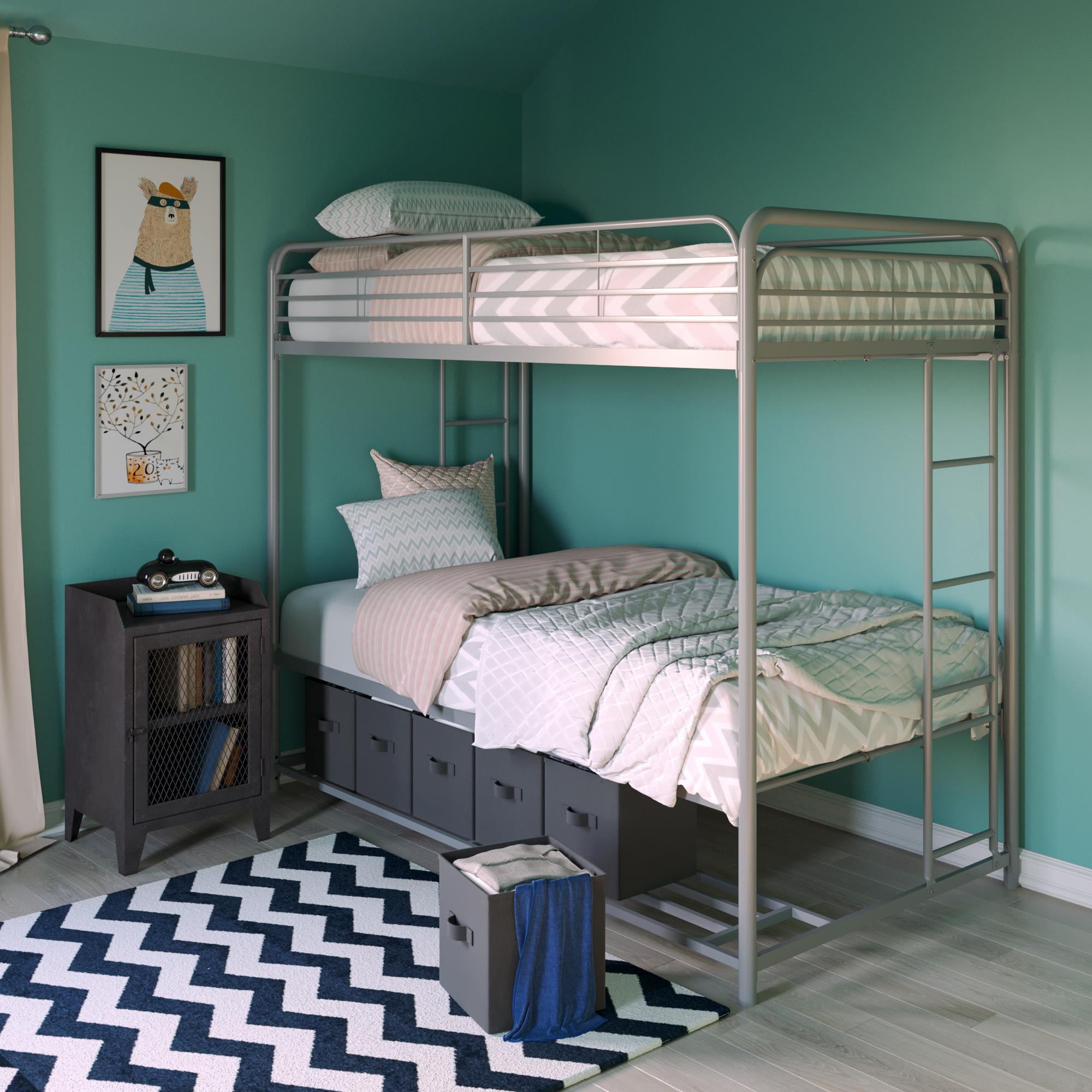 Mainstays Twin/Twin Silver Bunk Bed with Gray Storage Bins Walmart