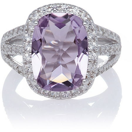 Amethyst Emerald-Cut Checkerboard with White Sapphire Sterling Silver Split Shank Ring, Size 7