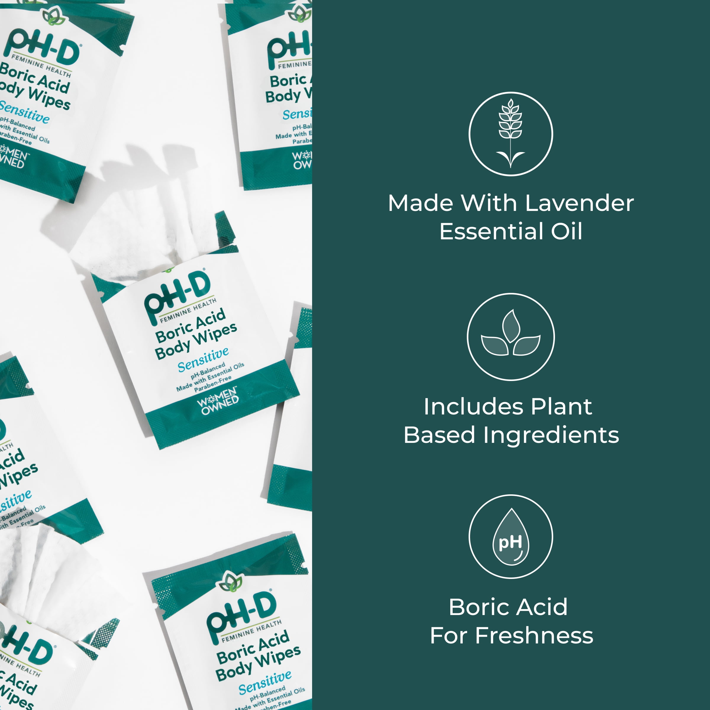 pH-D Feminine Health Boric Acid Body Wipes, pH-Balanced Travel Friendly Wipes, 20 Count