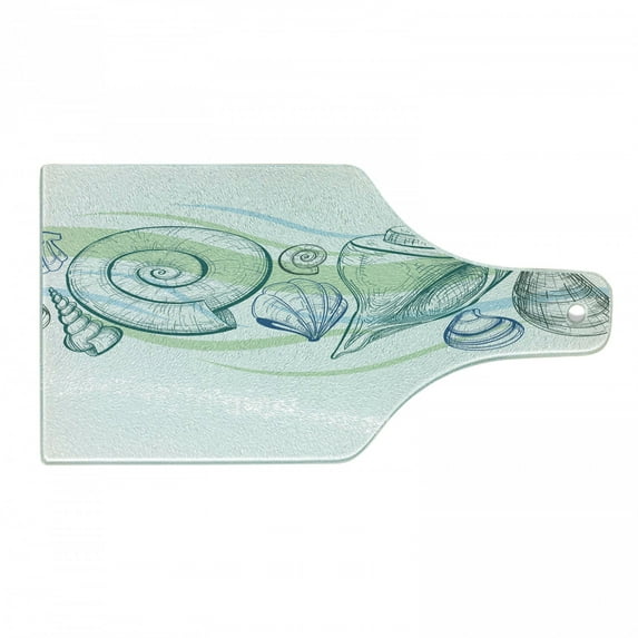 Seashells Cutting Board, Pastel Color Graphics of Mollusk Sketchy Features and Other Sea Elements, Decorative Tempered Glass Cutting and Serving Board, Wine Bottle Shape, White Green, by Ambesonne